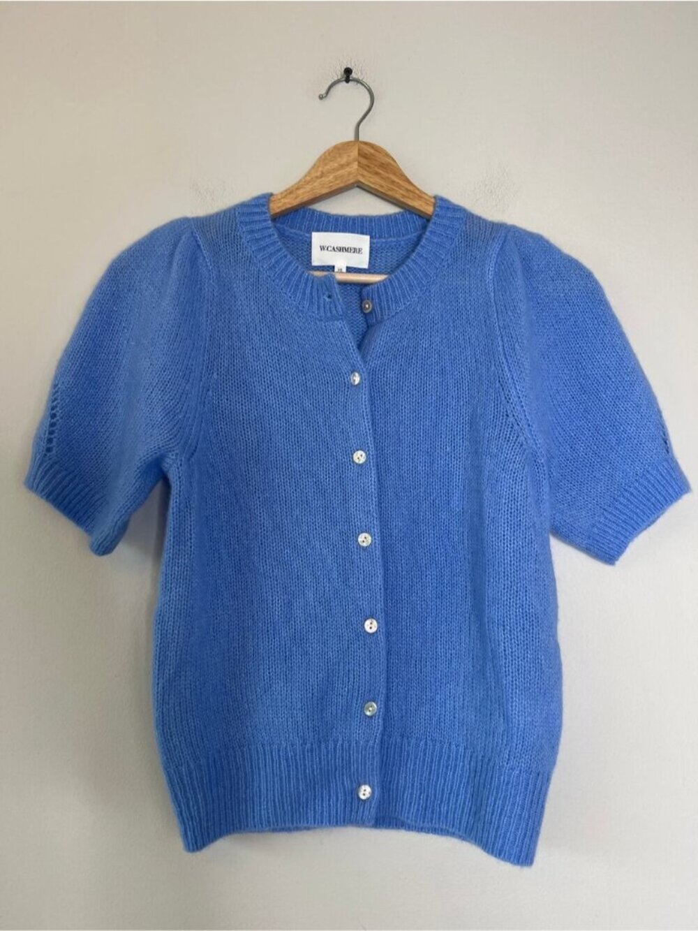 NEW W. Cashmere Knitwear Round Crewneck Short Sleeves Cardigan Blue Size: XS